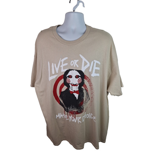 Saw Horror Movie Puppet Live Or Die Make your choice Cream Tshirt Size 3XL - Picture 1 of 10
